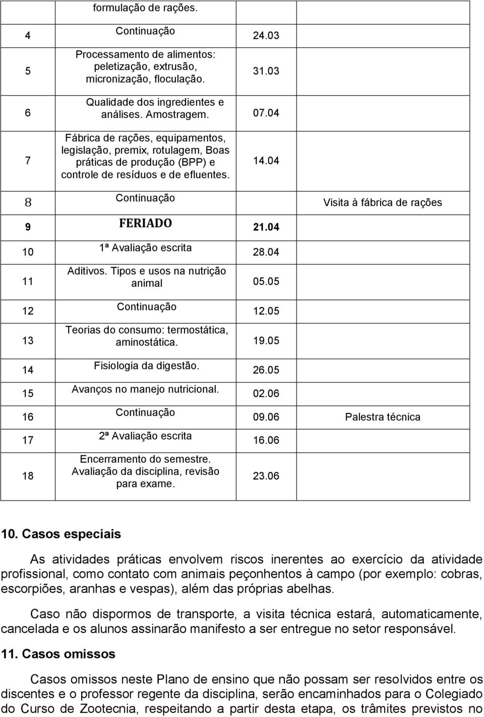 04 10 11 12 13 14 15 16 17 18 1ª Avaliação escrita 28.04 Aditivos. Tipos e usos na nutrição animal 05.05 12.05 Teorias do consumo: termostática, aminostática. 19.05 Fisiologia da digestão. 26.