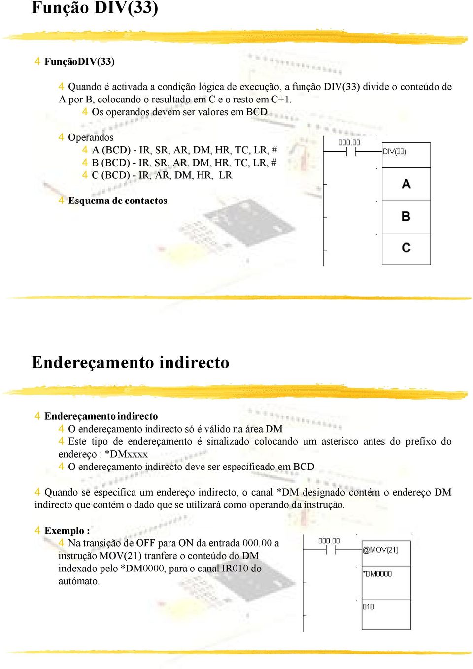 4Operandos 4A (BCD) - IR, SR, AR, DM, HR, TC, LR, # 4B (BCD) - IR, SR, AR, DM, HR, TC, LR, # 4C (BCD) - IR, AR, DM, HR, LR 4Esquema de contactos Endereçamento indirecto 4Endereçamento indirecto 4O