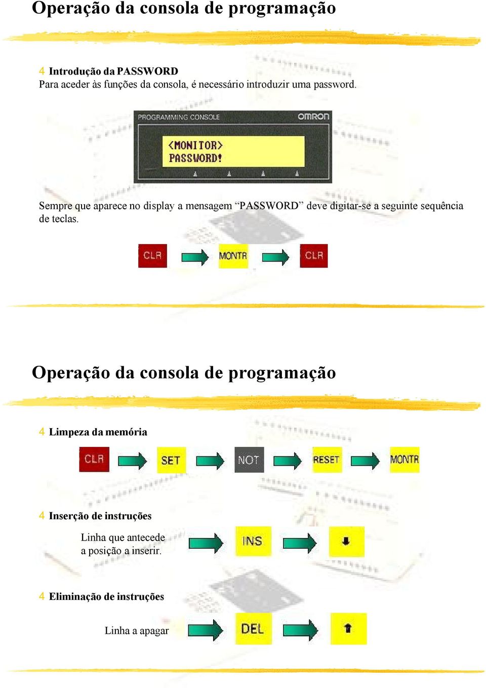 Sempre que aparece no display a mensagem PASSWORD deve digitar-se a seguinte sequência de teclas.