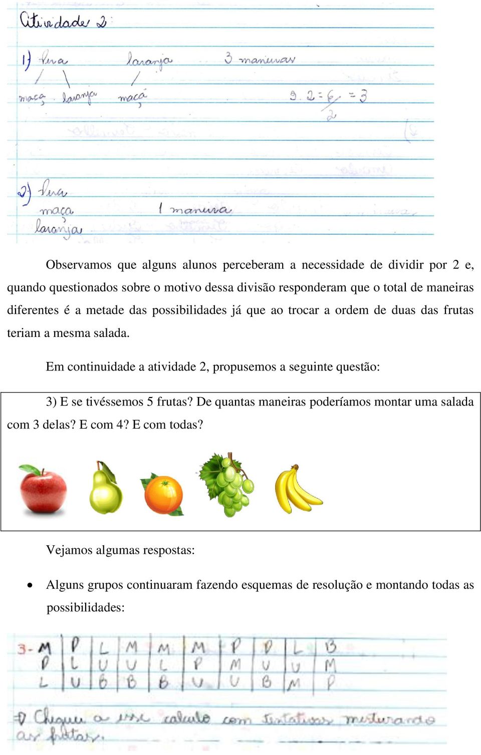 Em continuidade a atividade 2, propusemos a seguinte questão: 3) E se tivéssemos 5 frutas?