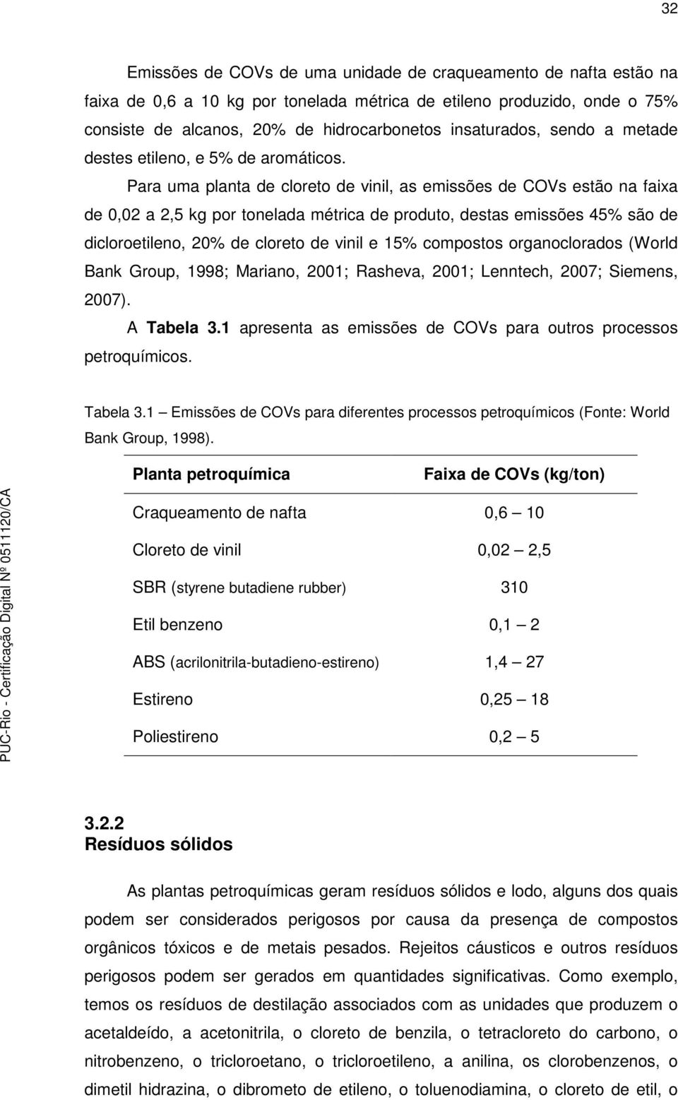 Para uma planta de cloreto de vinil, as emissões de COVs estão na faixa de 0,02 a 2,5 kg por tonelada métrica de produto, destas emissões 45% são de dicloroetileno, 20% de cloreto de vinil e 15%