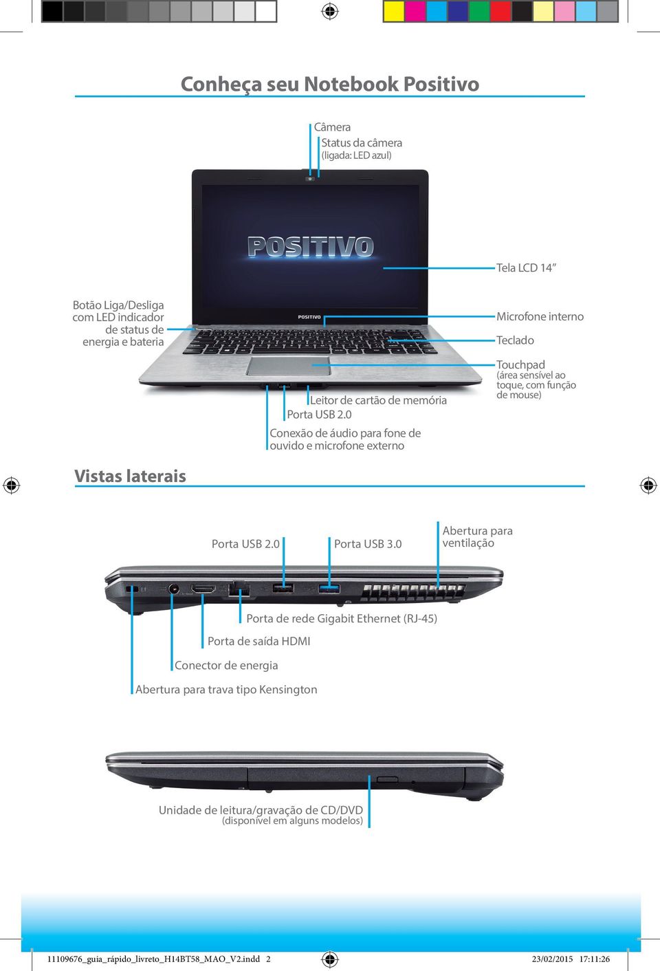 0 Conexão de áudio para fone de ouvido e microfone externo Touchpad (área sensível ao toque, com função de mouse) Vistas laterais Porta USB 2.0 Porta USB 3.