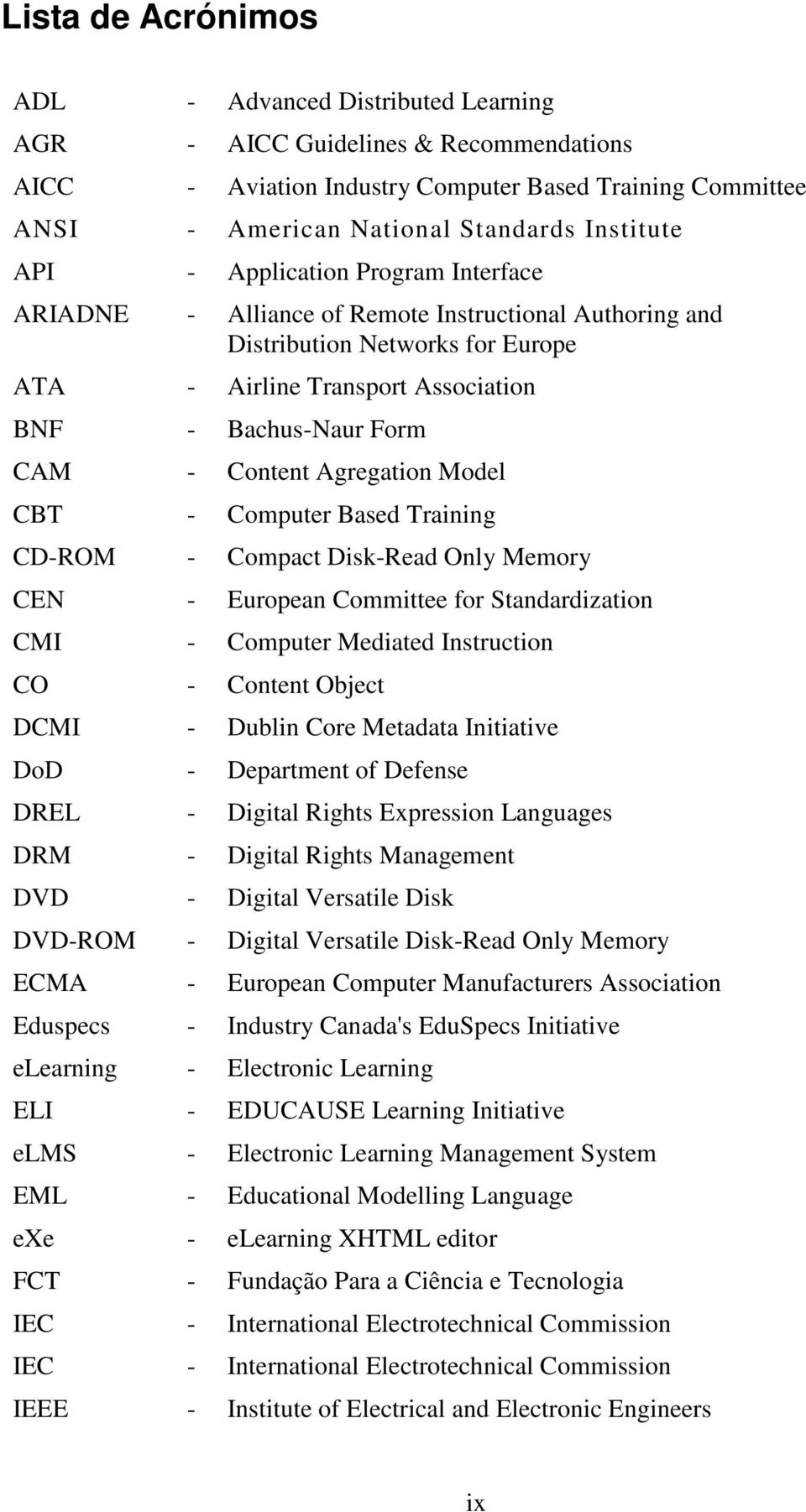 Agregation Model CBT - Computer Based Training CD-ROM - Compact Disk-Read Only Memory CEN - European Committee for Standardization CMI - Computer Mediated Instruction CO - Content Object DCMI -