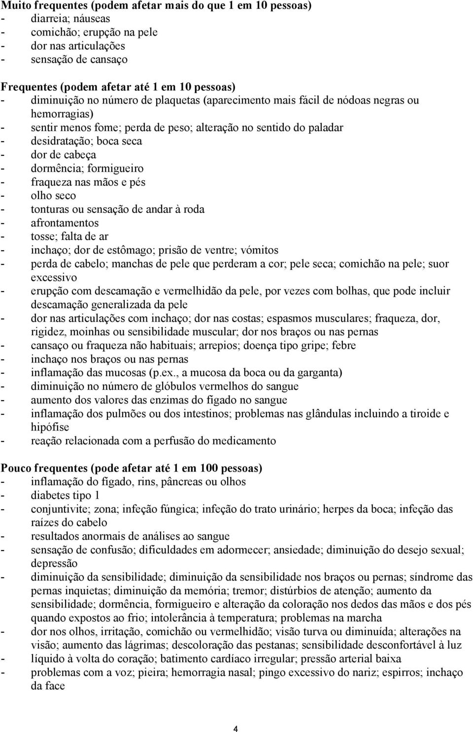 cabeça - dormência; formigueiro - fraqueza nas mãos e pés - olho seco - tonturas ou sensação de andar à roda - afrontamentos - tosse; falta de ar - inchaço; dor de estômago; prisão de ventre; vómitos