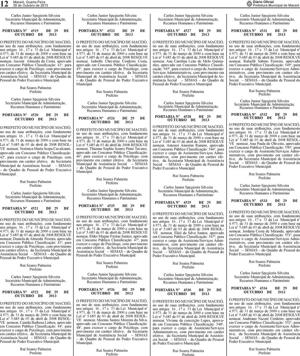 685 de 03 de abril de 2008 RESOLVE omear, Auzeni Almeida da Costa, aprovado m Concurso Público Classificação: 41ª, para xercer o cargo de Psicólogo, com provimento m caráter efetivo, da Secretaria