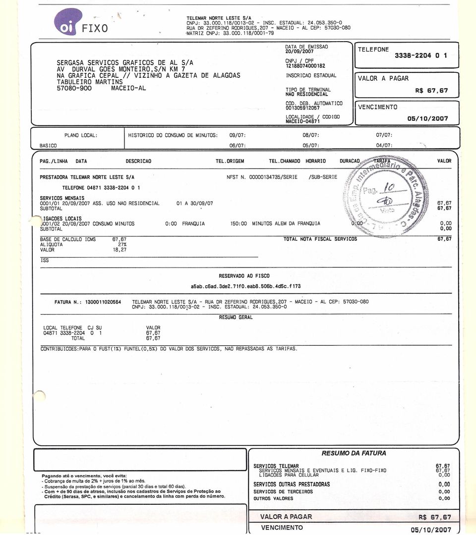 12188074000182 NSCRCAO ESTADUAL TPO DE TERMNAL NAO RESDENCAL COD. DEB.