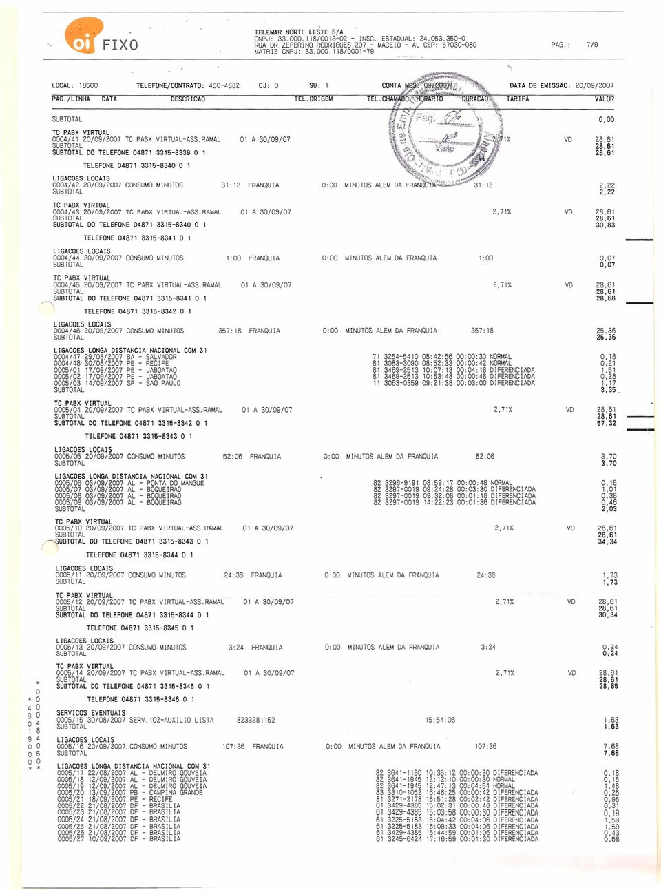 RAMAL DO TELEFONE 04871 3315-8339 O 1 TELEFONE 04871 3315-8340 O 01 A 30/09/07 VD L GACOES LOCA S 0004/42 20/09/2007 CONSUMO MNUTOS 31: 12 FRANQUA 0:00 2,22 2,22 0004/43 20/09/2007 Te PABX VRTUAL-ASS.