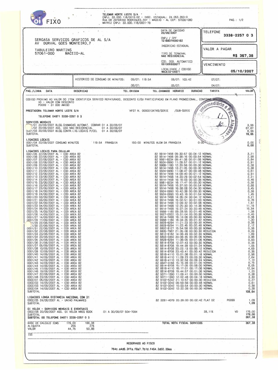 12188074000182 NSCRCAO ESTADUAL TPO DE TERM NAL NAO RES DENC AL COD. DEB. AUTO MATCO 001305935677 LOCALDADE /.