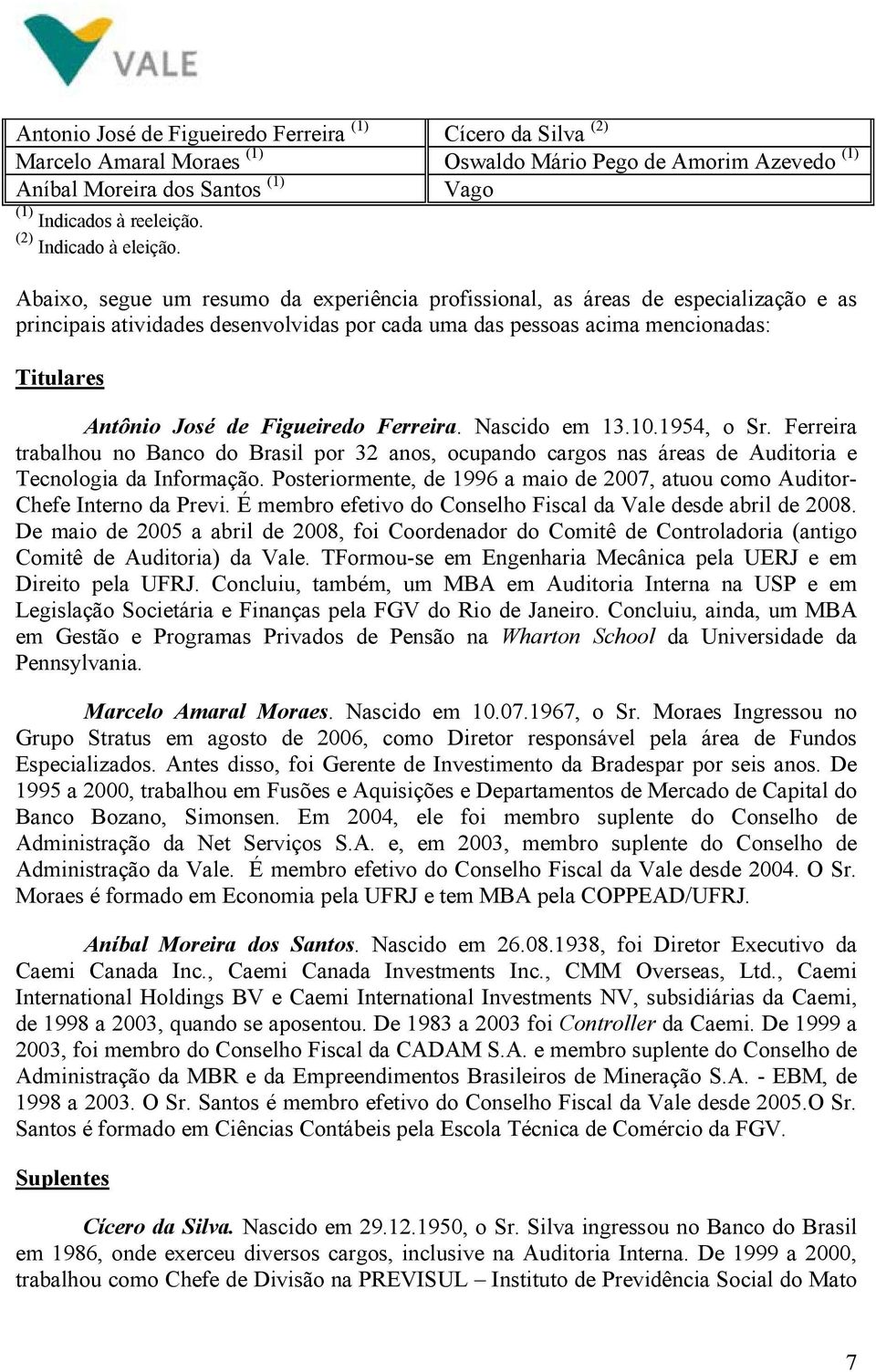 Abaixo, segue um resumo da experiência profissional, as áreas de especialização e as principais atividades desenvolvidas por cada uma das pessoas acima mencionadas: Titulares Antônio José de