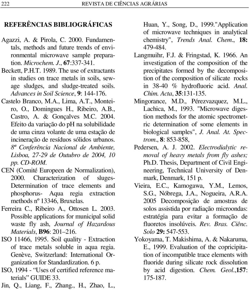 T., Monteiro, O., Domingues H., Ribeiro, A.B., Castro, A. & Gonçalves M.C. 2004.