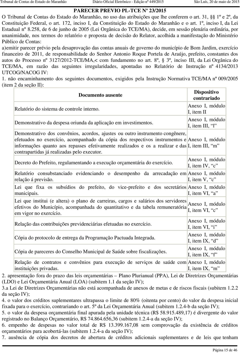 proposta de decisão do, acolhida a manifestação do Ministério Público de Contas: a)emitir parecer prévio pela desaprovação das contas anuais de governo do município de Bom Jardim, exercício