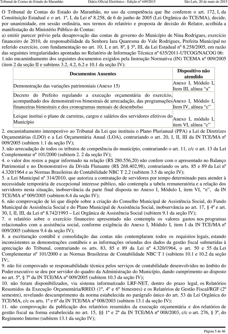 desaprovação das contas de governo do Município de Nina Rodrigues, exercício financeiro de 2010, de responsabilidade da Senhora Iara Quaresma do Vale Rodrigues, Prefeita Municipal no referido