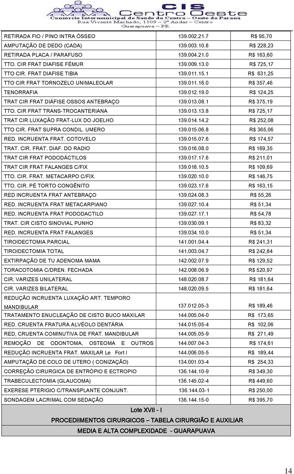 CIR FRAT TRANS-TROCANTERIANA 139.013.13.8 R$ 725,17 TRAT CIR LUXAÇÃO FRAT-LUX DO JOELHO 139.014.14.2 R$ 252,08 TTO CIR. FRAT SUPRA CONDIL. UMERO 139.015.06.8 R$ 365,06 RED. INCRUENTA FRAT.