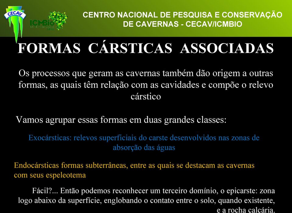 zonas de absorção das águas Endocársticas formas subterrâneas, entre as quais se destacam as cavernas com seus espeleotema Fácil?