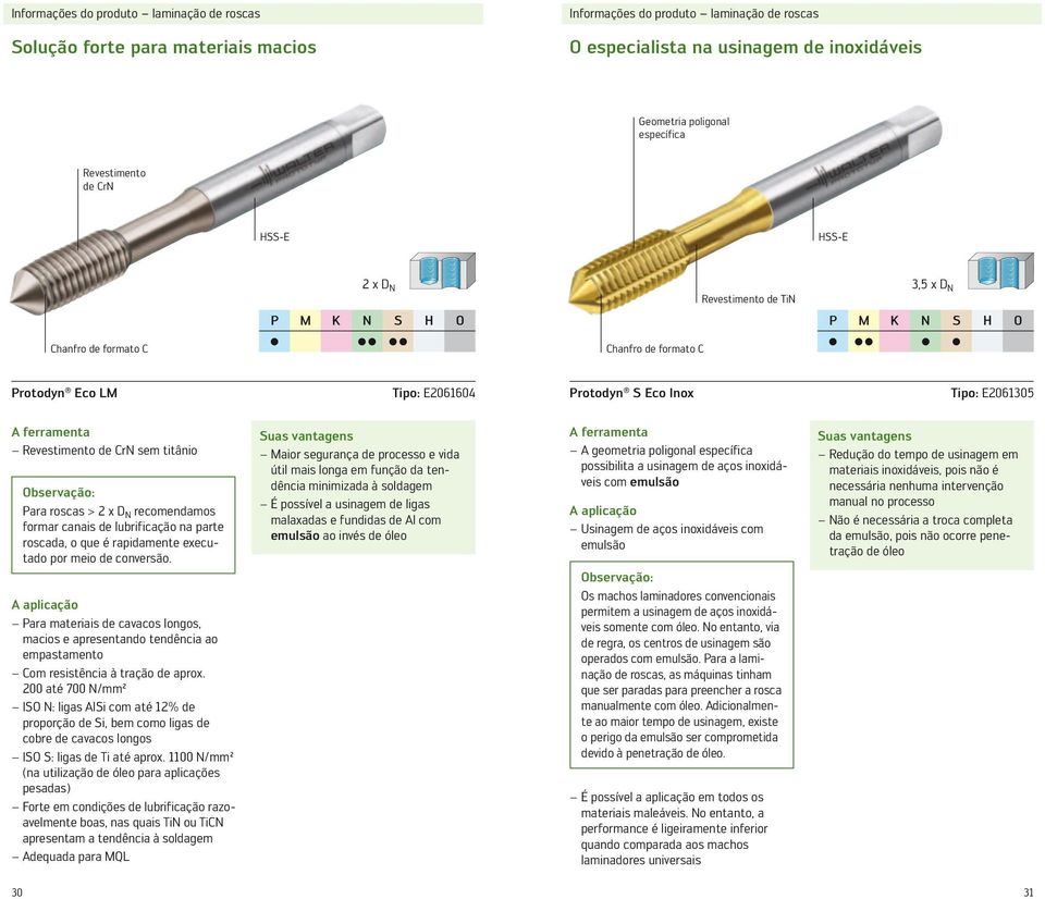 S Eco Inox Tipo: E2061305 A ferramenta Revestimento de CrN sem titânio Observação: Para roscas > 2 x D N recomendamos formar canais de lubrificação na parte roscada, o que é rapidamente executado por