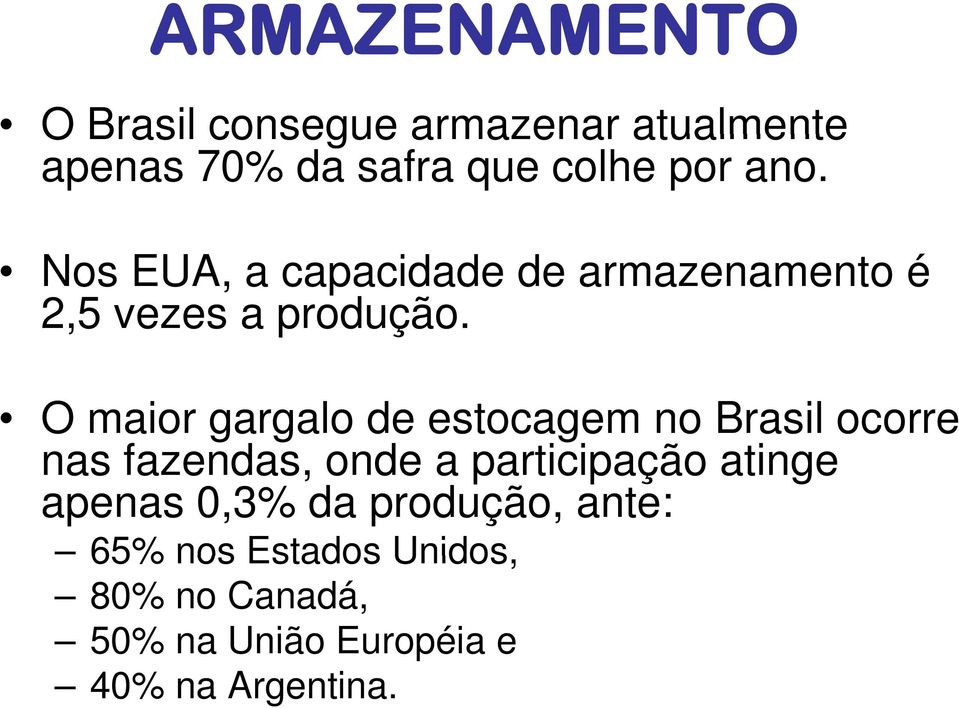 O maior gargalo de estocagem no Brasil ocorre nas fazendas, onde a participação i atinge