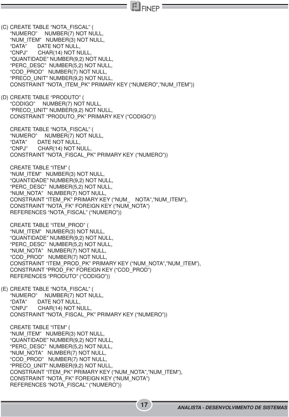 NOT NULL, CONSTRAINT PRODUTO_PK PRIMARY KEY ( CODIGO )) CREATE TABLE NOTA_FISCAL ( NUMERO NUMBER(7) NOT NULL, DATA DATE NOT NULL, CNPJ CHAR(14) NOT NULL, CONSTRAINT NOTA_FISCAL_PK PRIMARY KEY (