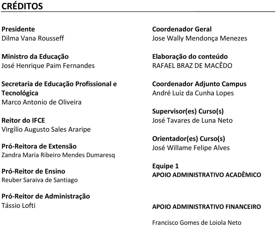 Tássio Lofti Coordenador Geral Jose Wally Mendonça Menezes Elaboração do conteúdo RAFAEL BRAZ DE MACÊDO Coordenador Adjunto Campus André Luiz da Cunha Lopes Supervisor(es)