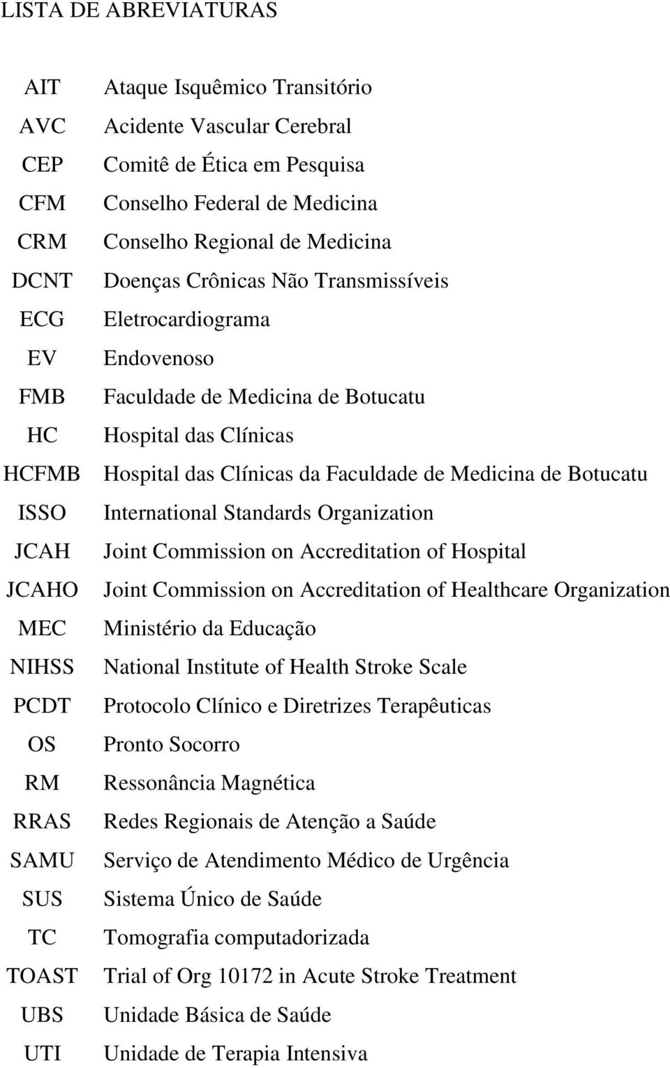 International Standards Organization JCAH Joint Commission on Accreditation of Hospital JCAHO Joint Commission on Accreditation of Healthcare Organization MEC Ministério da Educação NIHSS National