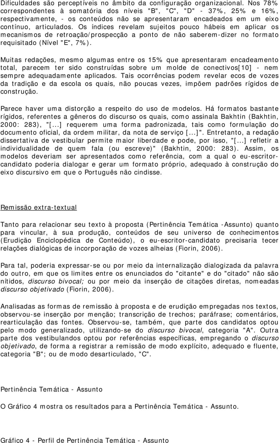 Os índices revelam sujeitos pouco hábeis em aplicar os mecanismos de retroação/prospecção a ponto de não saberem-dizer no formato requisitado (Nível "E", 7%).