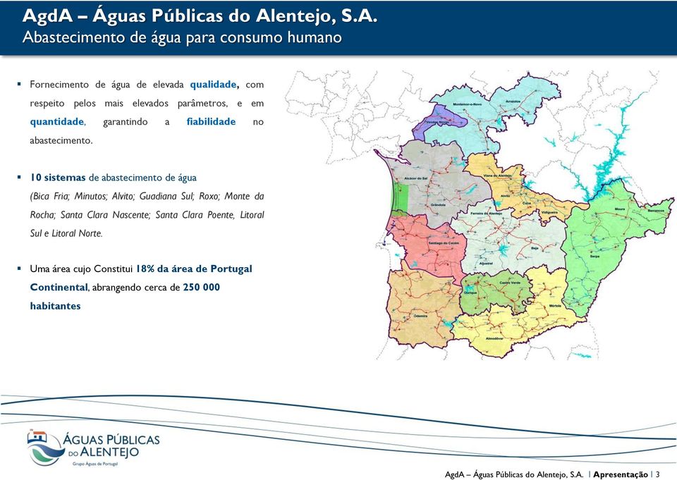 10 sistemas de abastecimento de água (Bica Fria; Minutos; Alvito; Guadiana Sul; Roxo; Monte da Rocha; Santa