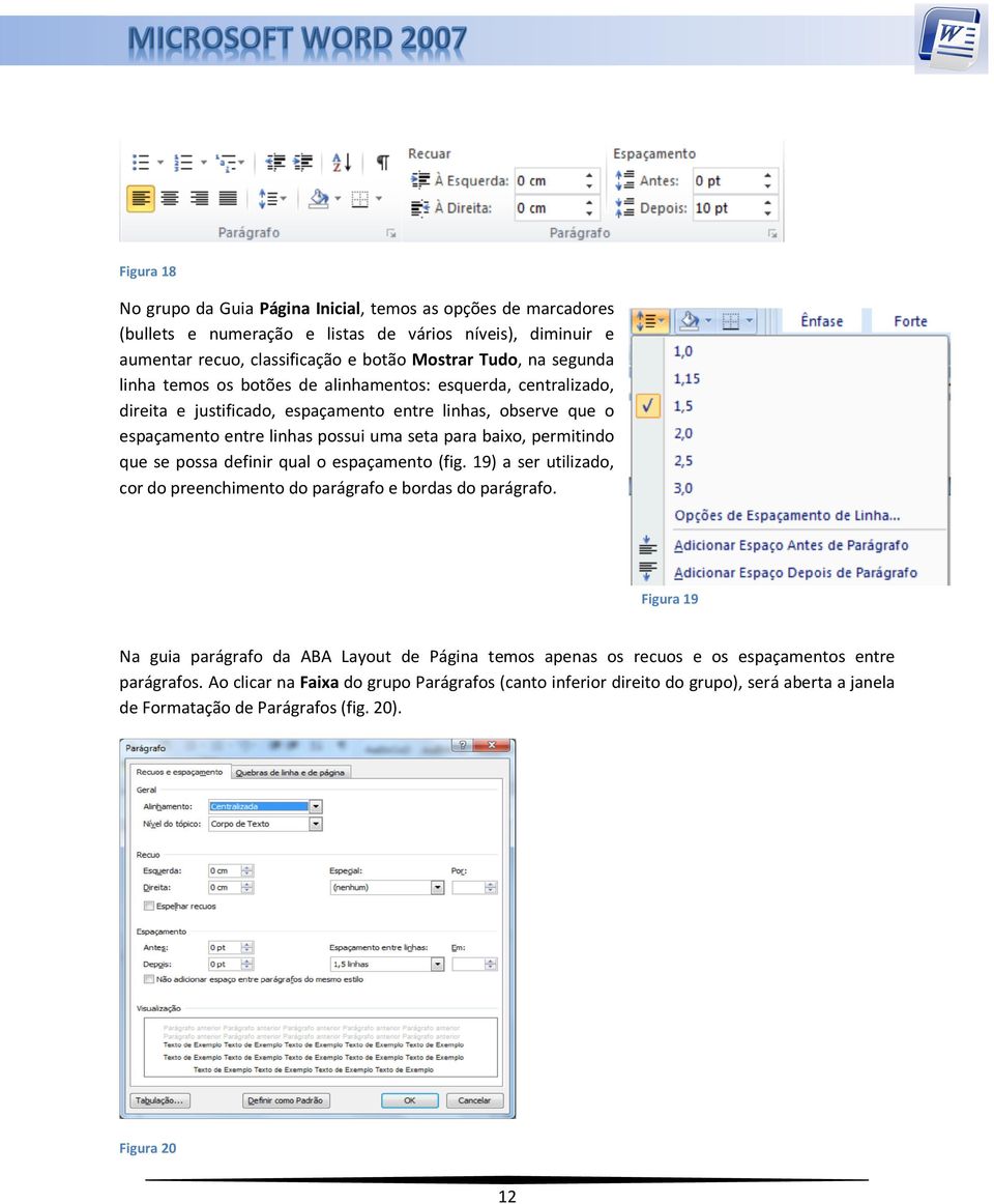 permitindo que se possa definir qual o espaçamento (fig. 19) a ser utilizado, cor do preenchimento do parágrafo e bordas do parágrafo.