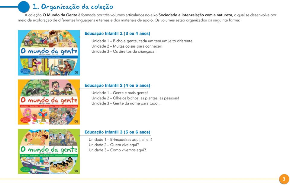 Os volumes estão organizados da seguinte forma: Educação Infantil 1 (3 ou 4 anos) Unidade 1 Bicho e gente, cada um tem um jeito diferente! Unidade 2 Muitas coisas para conhecer!