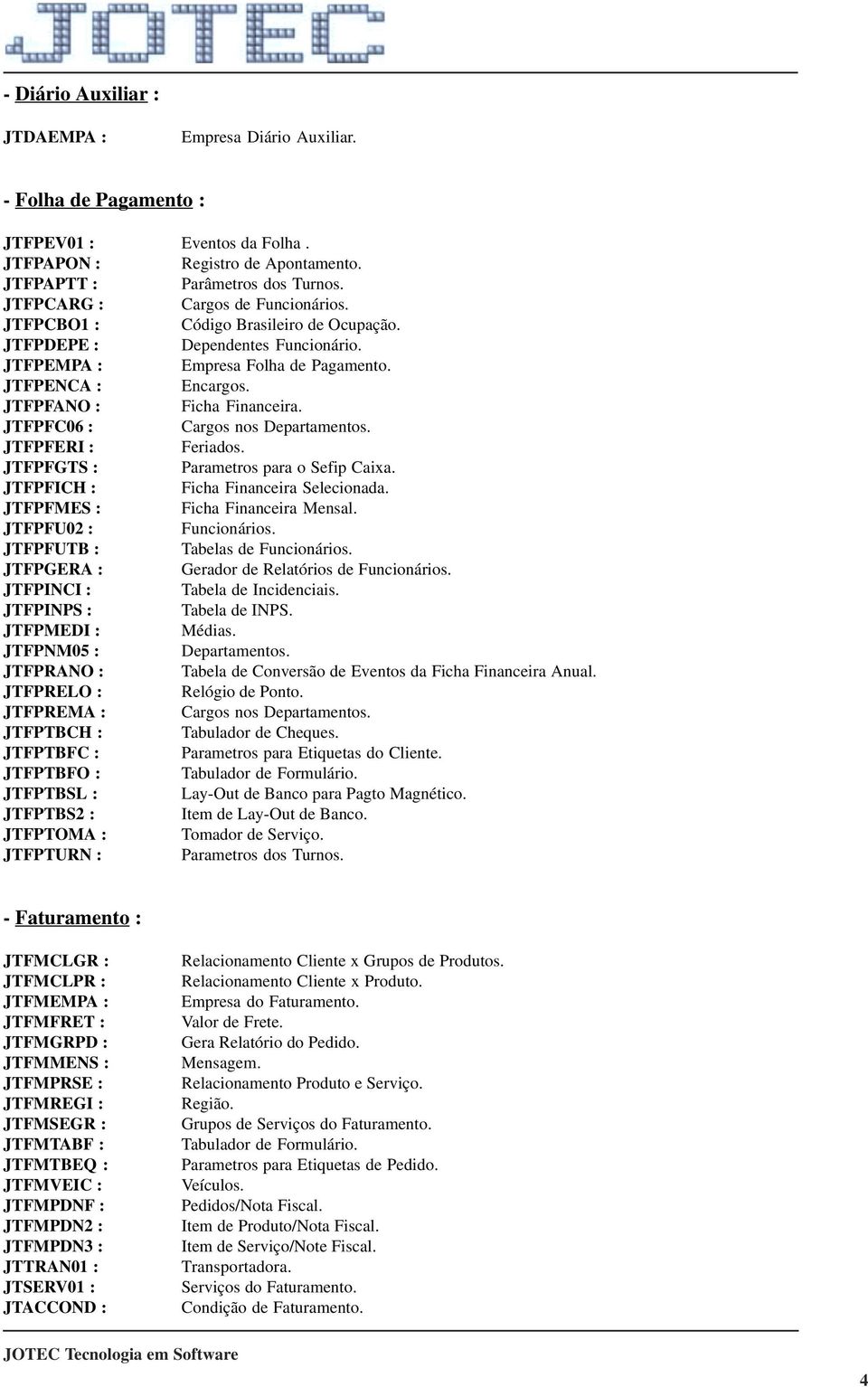 JTFPFANO : Ficha Financeira. JTFPFC06 : Cargos nos Departamentos. JTFPFERI : Feriados. JTFPFGTS : Parametros para o Sefip Caixa. JTFPFICH : Ficha Financeira Selecionada.