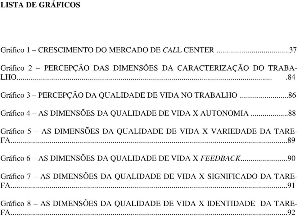 ..88 Gráfico 5 AS DIMENSÕES DA QUALIDADE DE VIDA X VARIEDADE DA TARE- FA...89 Gráfico 6 AS DIMENSÕES DA QUALIDADE DE VIDA X FEEDBACK.