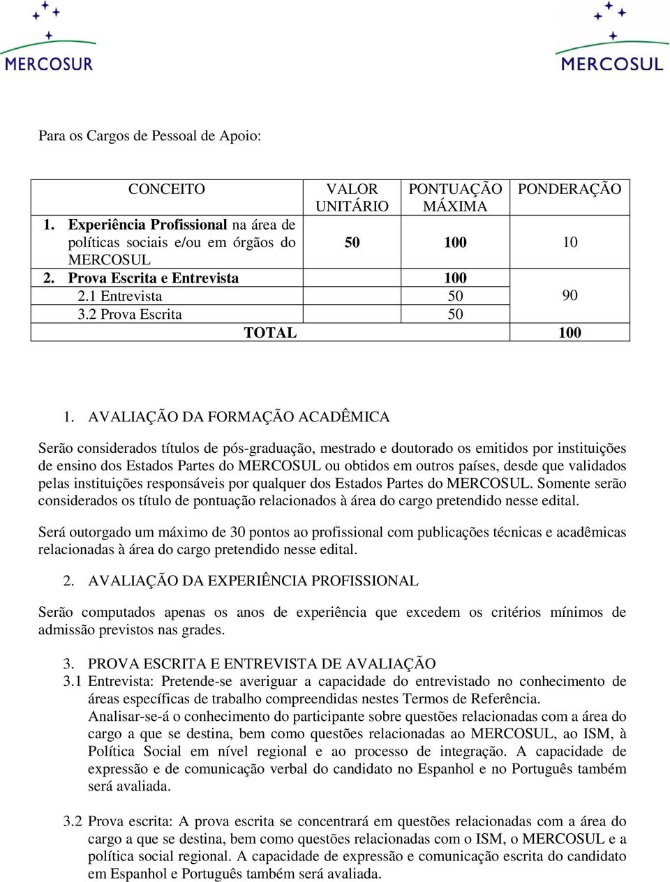 AVALIAÇÃO DA FORMAÇÃO ACADÊMICA Serão considerados títulos de pós-graduação, mestrado e doutorado os emitidos por instituições de ensino dos Estados Partes do MERCOSUL ou obtidos em outros países,