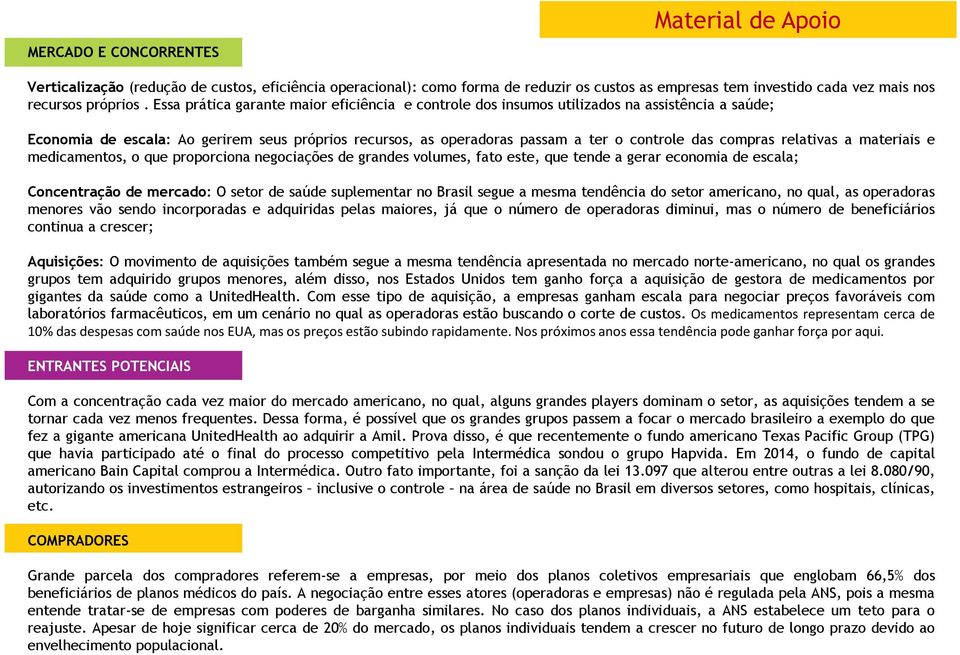 compras relativas a materiais e medicamentos, o que proporciona negociações de grandes volumes, fato este, que tende a gerar economia de escala; Concentração de mercado: O setor de saúde suplementar