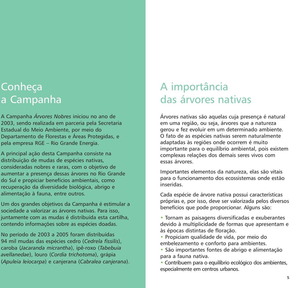 A principal ação desta Campanha consiste na distribuição de mudas de espécies nativas, consideradas nobres e raras, com o objetivo de aumentar a presença dessas árvores no Rio Grande do Sul e