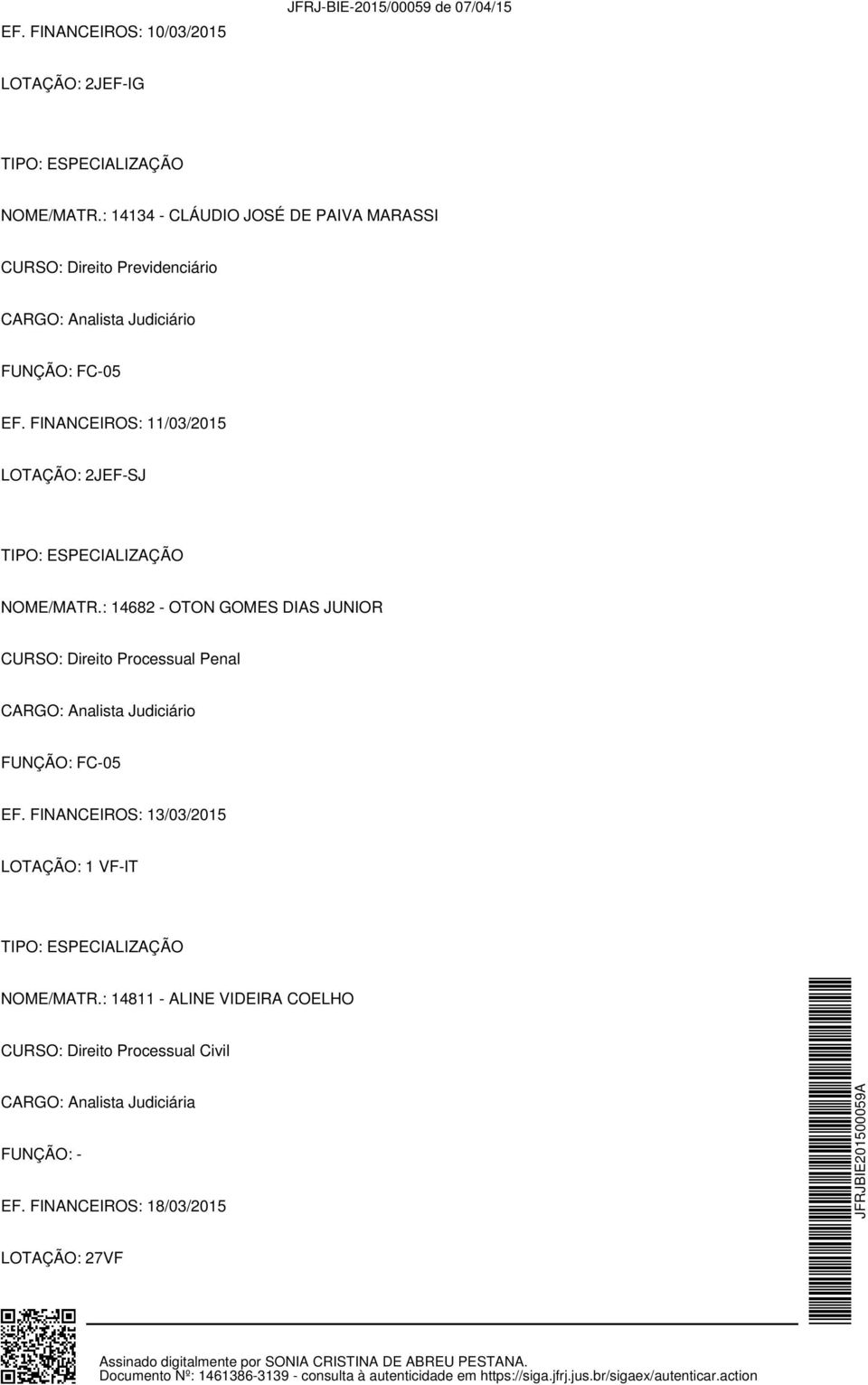 FINANCEIROS: 11/03/2015 LOTAÇÃO: 2JEF-SJ NOME/MATR.