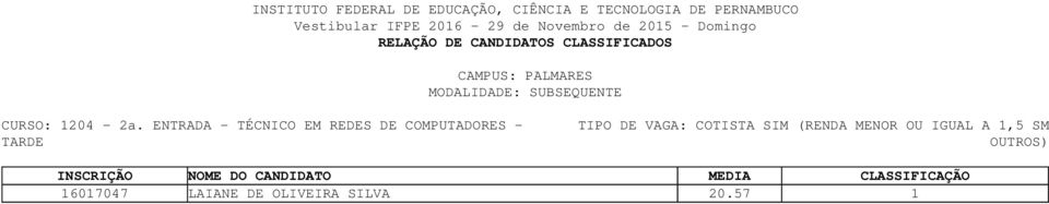 - TARDE TIPO DE VAGA: COTISTA SIM (RENDA