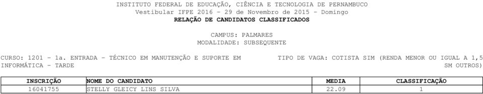 INFORMÁTICA - TARDE TIPO DE VAGA: COTISTA SIM