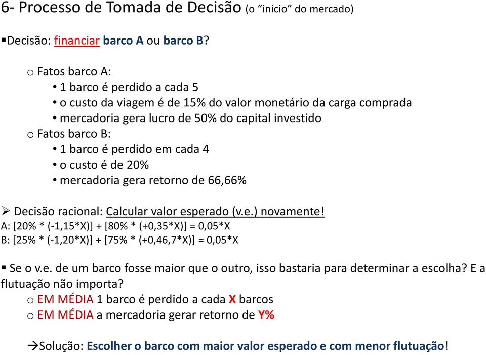 cada 4 o custo é de 20% mercadoria gera retorno de 66,66% Decisão racional: Calcular valor esperado (v.e.) novamente!