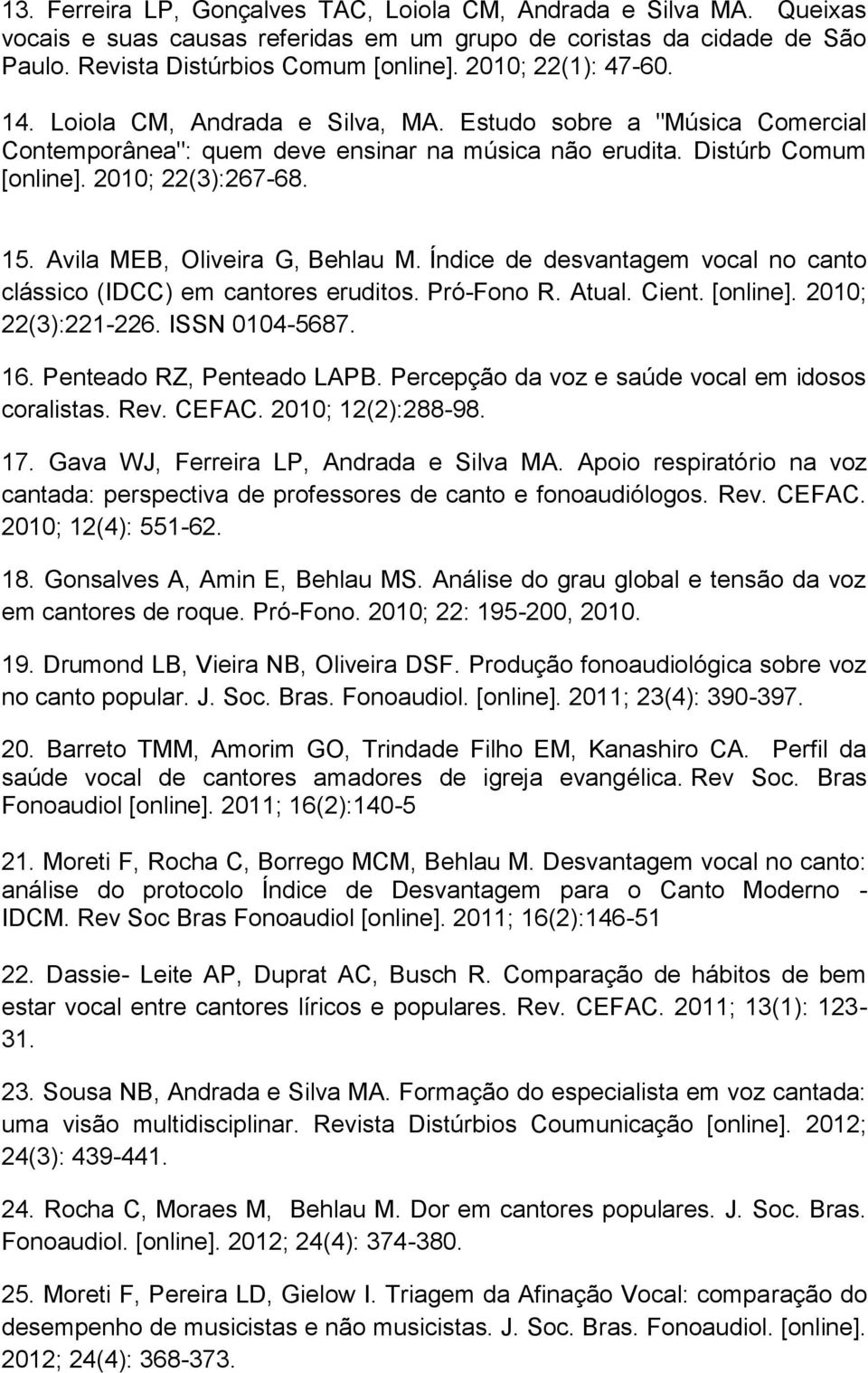 Avila MEB, Oliveira G, Behlau M. Índice de desvantagem vocal no canto clássico (IDCC) em cantores eruditos. Pró-Fono R. Atual. Cient. [online]. 2010; 22(3):221-226. ISSN 0104-5687. 16.