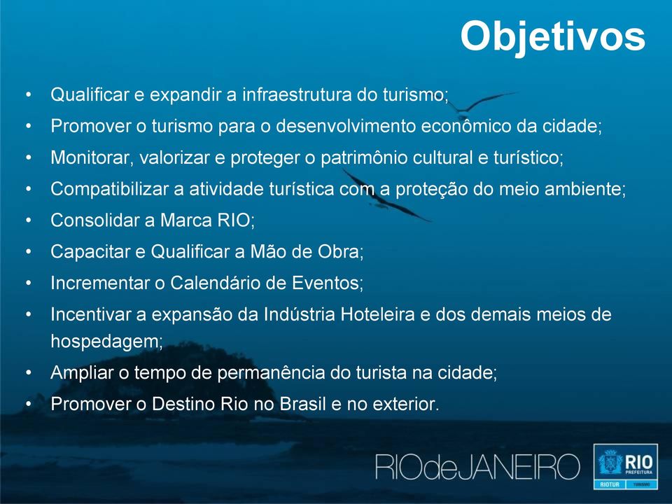 Consolidar a Marca RIO; Capacitar e Qualificar a Mão de Obra; Incrementar o Calendário de Eventos; Incentivar a expansão da Indústria
