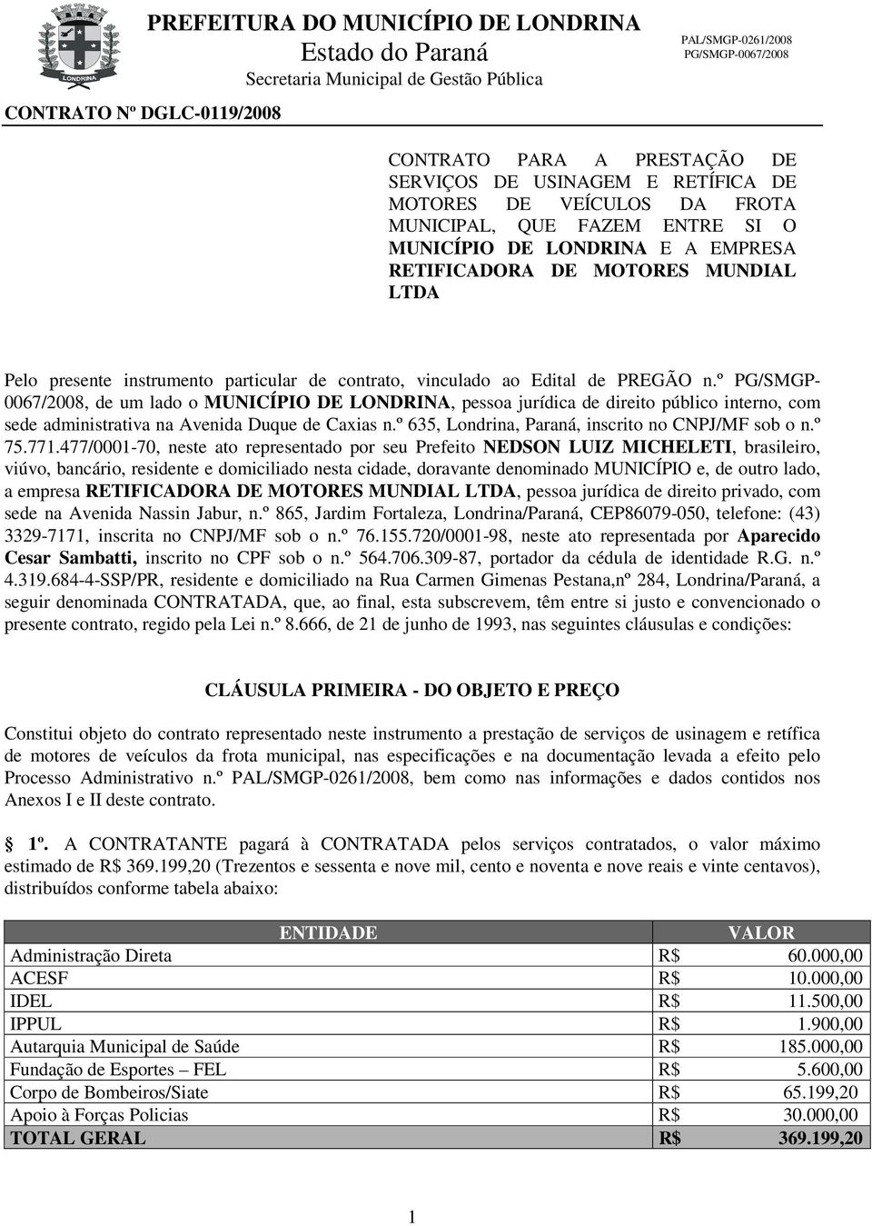 º PG/SMGP- 0067/2008, de um lado o MUNICÍPIO DE LONDRINA, pessoa jurídica de direito público interno, com sede administrativa na Avenida Duque de Caxias n.