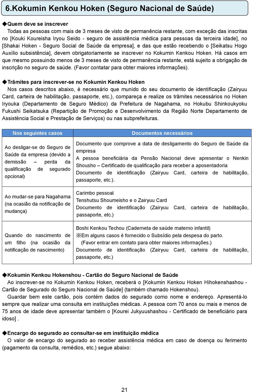 obrigatoriamente se inscrever no Kokumin Kenkou Hoken. Há casos em que mesmo possuindo menos de 3 meses de visto de permanência restante, está sujeito a obrigação de inscrição no seguro de saúde.