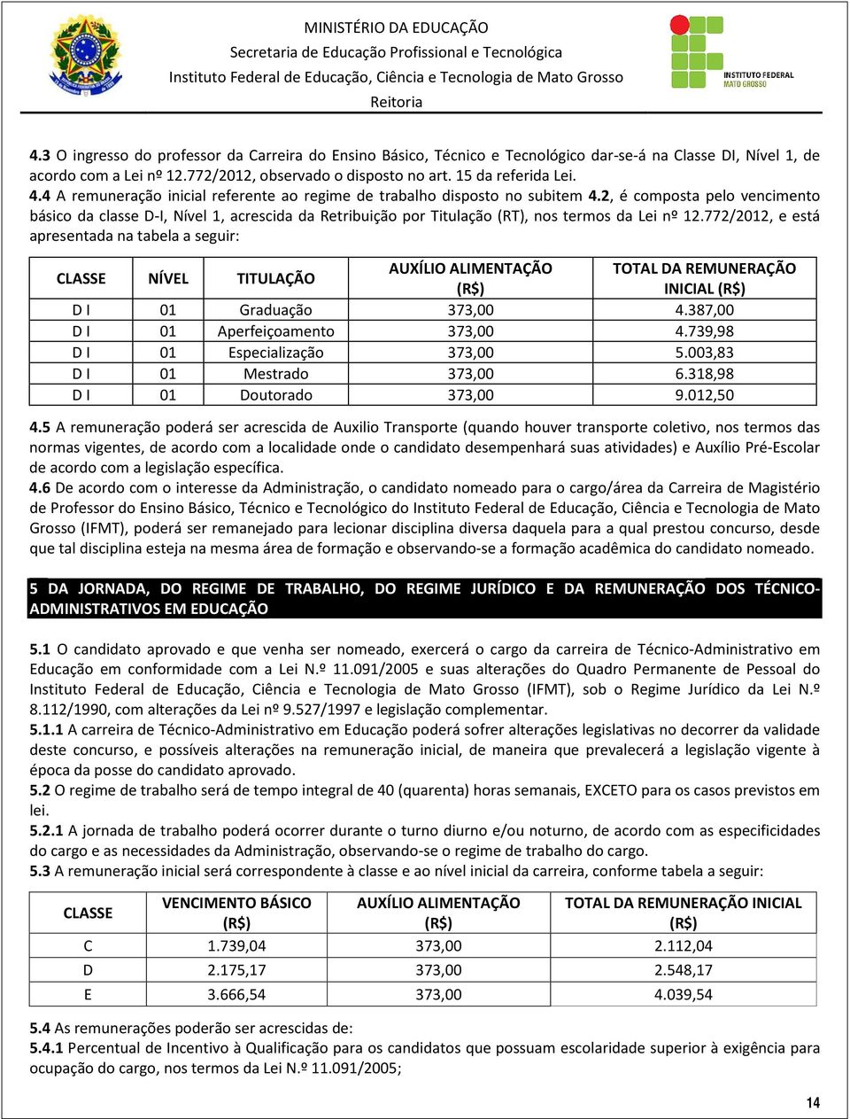 2, é composta pelo vencimento básico da classe D-I, Nível 1, acrescida da Retribuição por Titulação (RT), nos termos da Lei nº 12.