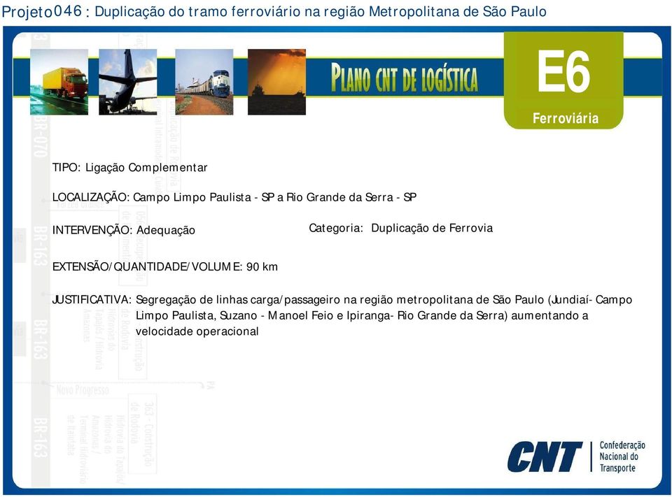 EXTENSÃO/QUANTIDADE/VOLUME: 90 km JUSTIFICATIVA: Segregação de linhas carga/passageiro na região metropolitana
