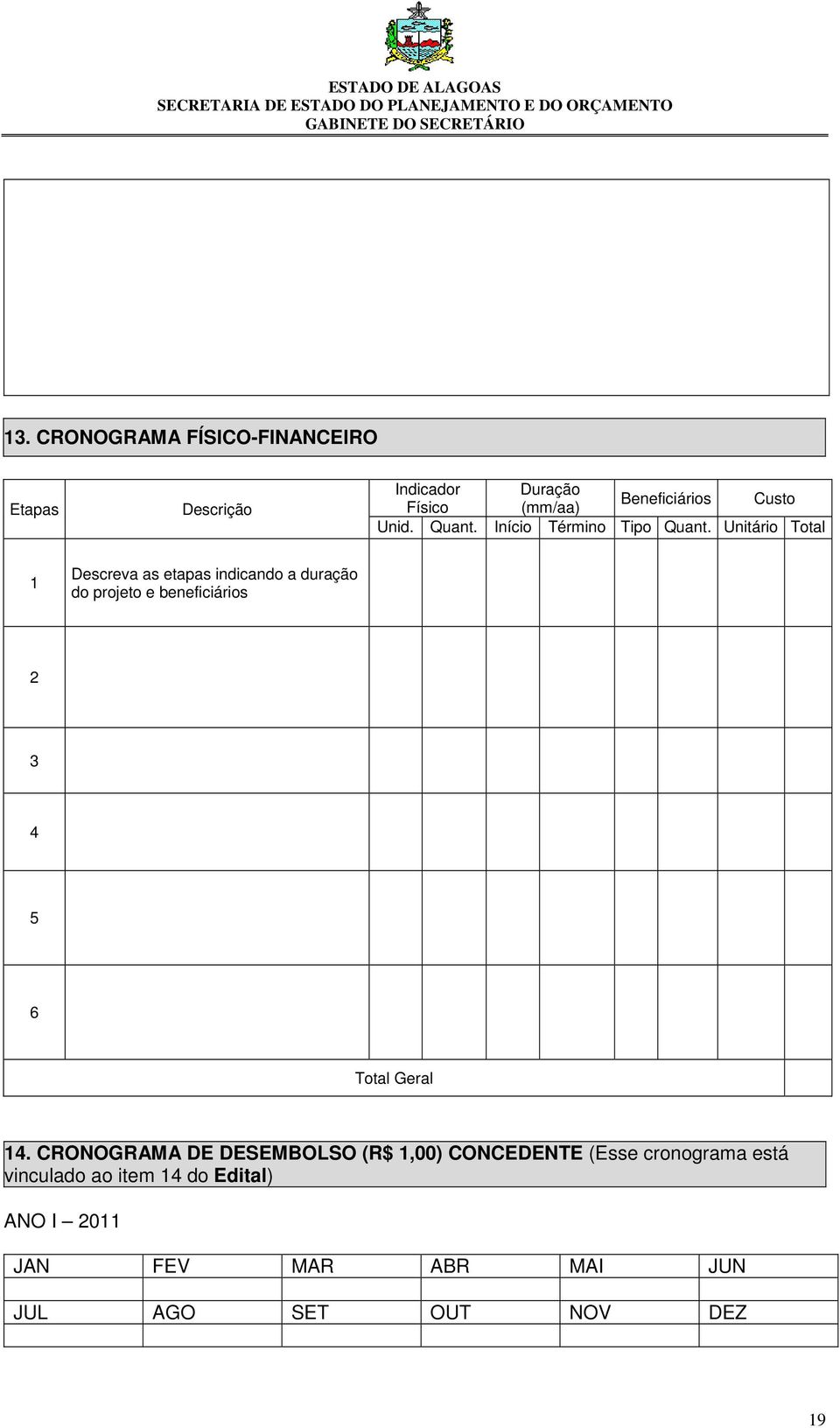 Unitário Total 1 Descreva as etapas indicando a duração do projeto e beneficiários 2 3 4 5 6 Total