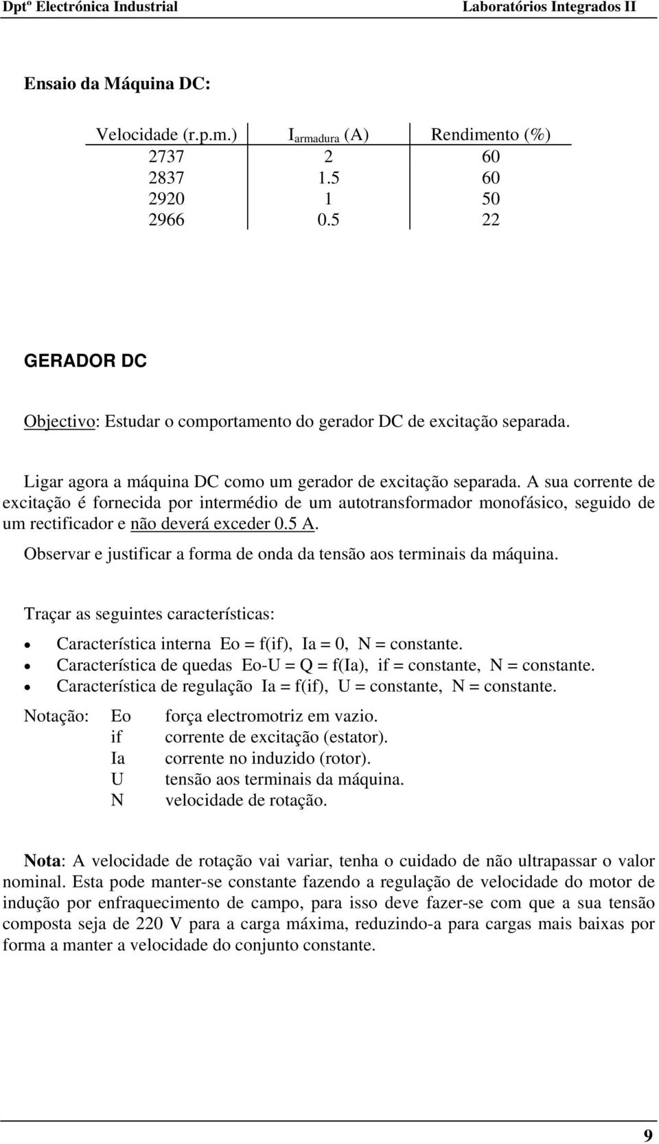 A sua corrente de excitação é fornecida por intermédio de um autotransformador monofásico, seguido de um rectificador e não deverá exceder 0.5 A.