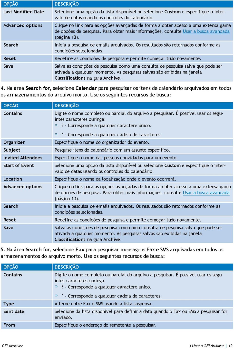 Inicia a pesquisa de emails arquivados. Os resultados são retornados conforme as condições selecionadas. Redefine as condições de pesquisa e permite começar tudo novamente.