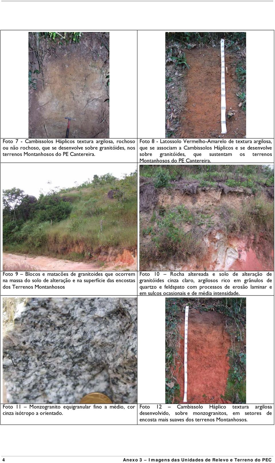 Foto 9 Blocos e matacões de granitoides que ocorrem na massa do solo de alteração e na superfície das encostas dos Terrenos Montanhosos Foto 10 Rocha altereada e solo de alteração de granitóides