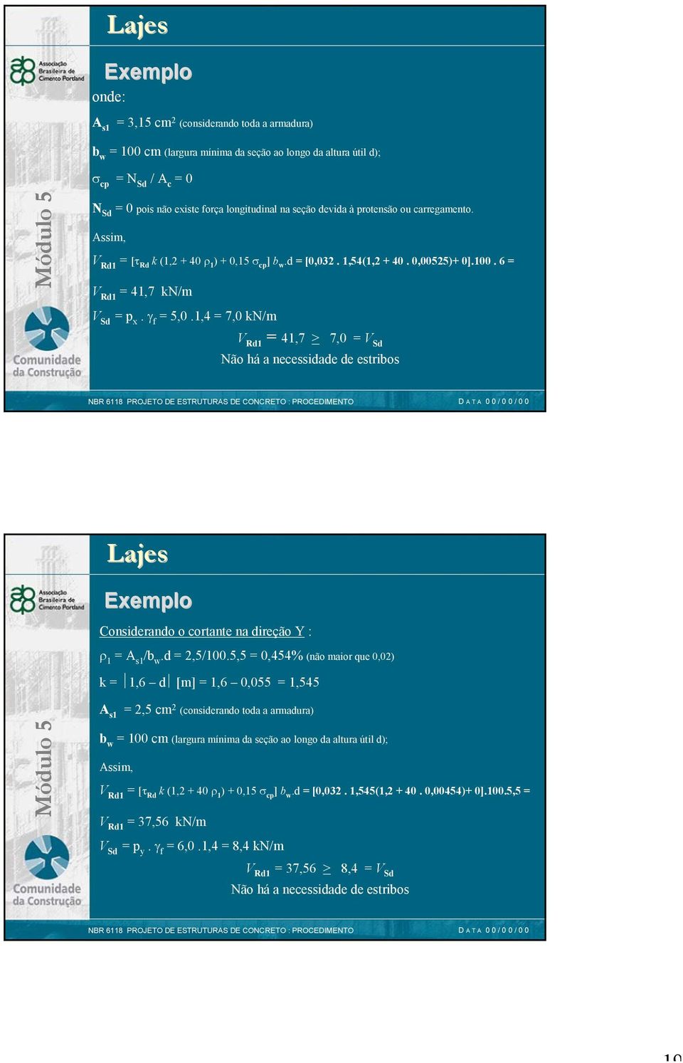 1,4 = 7,0 kn/m V Rd1 = 41,7 > 7,0 = V Sd Não há a necessidade de estribos Considerando o cortante na direção Y : ρ 1 = A s1 /b w.d = 2,5/100.