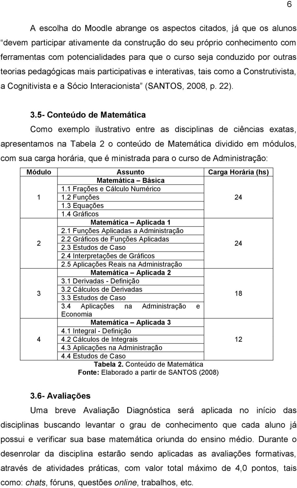 5- Conteúdo de Matemática Como exemplo ilustrativo entre as disciplinas de ciências exatas, apresentamos na Tabela 2 o conteúdo de Matemática dividido em módulos, com sua carga horária, que é