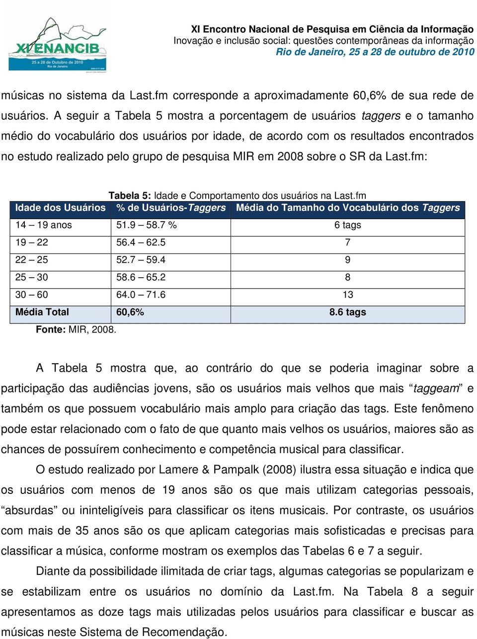 pesquisa MIR em 2008 sobre o SR da Last.fm: Tabela 5: Idade e Comportamento dos usuários na Last.fm Idade dos Usuários % de Usuários-Taggers Média do Tamanho do Vocabulário dos Taggers 14 19 anos 51.