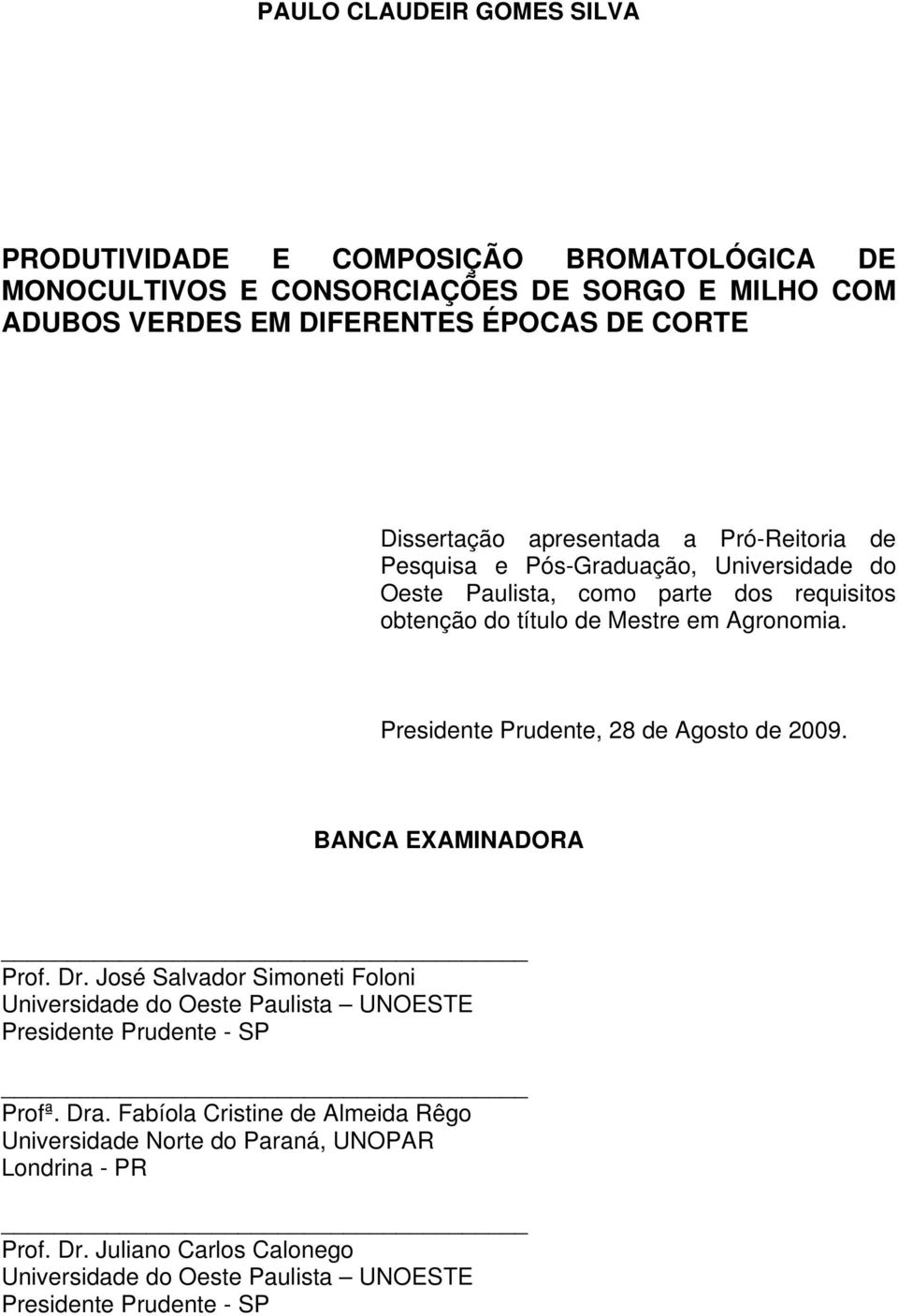 Presidente Prudente, 28 de Agosto de 2009. BANCA EXAMINADORA Prof. Dr. José Salvador Simoneti Foloni Universidade do Oeste Paulista UNOESTE Presidente Prudente - SP Profª.